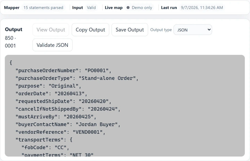 Mapped purchase-order JSON in the anonymous Mapper demo. Enlarge to see the X12 input, map source, and reference.