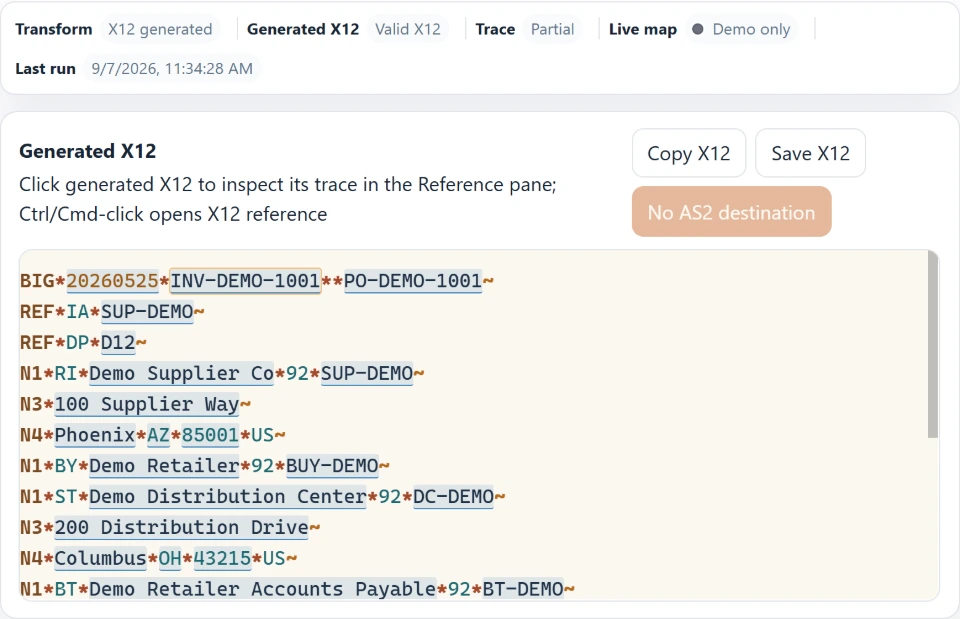 Valid generated invoice X12 in the anonymous Mapper demo. Enlarge to see its source-to-output trace and JSON input.